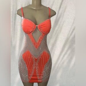 🍊 Orange Rhinestone Mesh Mini Dress